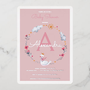 Pink Swan Baby Shower Invitation Floral Girl Foil Invitation