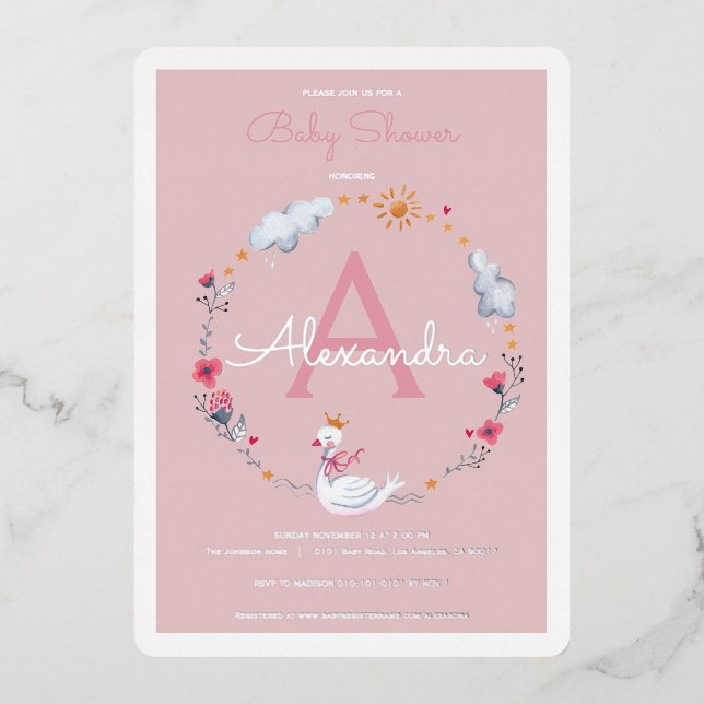 Pink Swan Baby Shower Invitation Floral Girl Foil Invitation (Front)