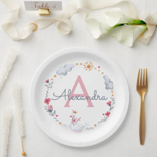 Pink Swan Floral Kids Personalized Dinner Plate