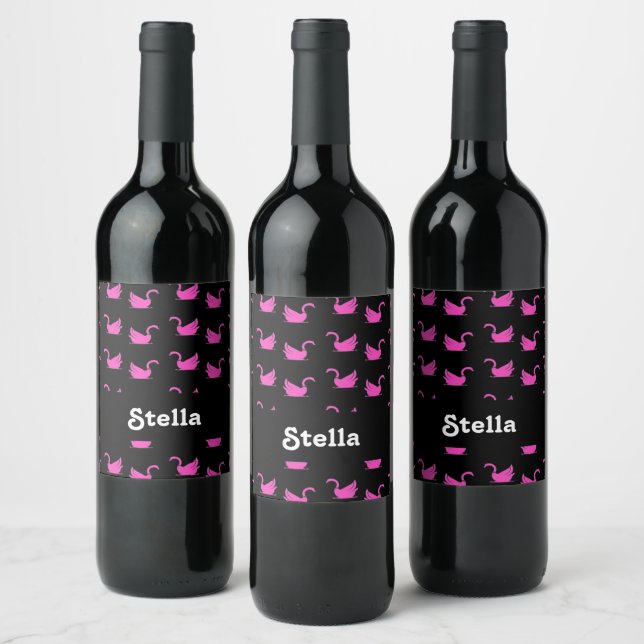 Pink swan silhouette on black wine label (Bottles)