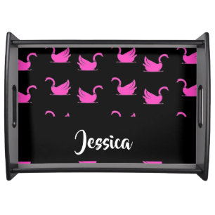 Pink swans silhouette on black serving tray