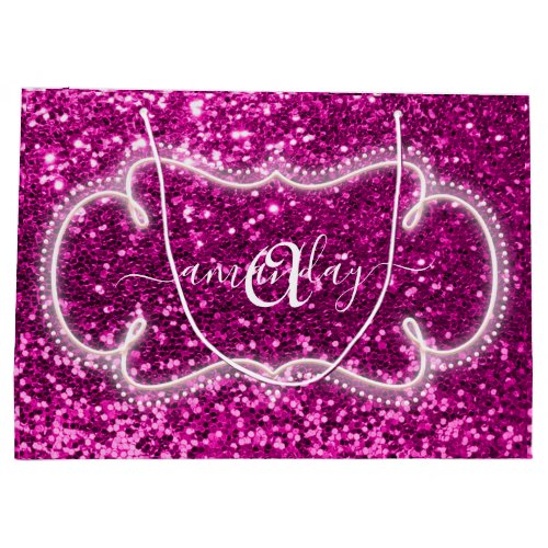 Pink Sweet16th Royal Monogram Name Glitter Wedding Large Gift Bag