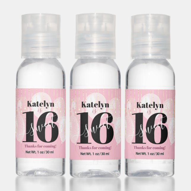 Pink Sweet 16 Birthday Balloons Script Glam Custom Hand Sanitizer (Set)
