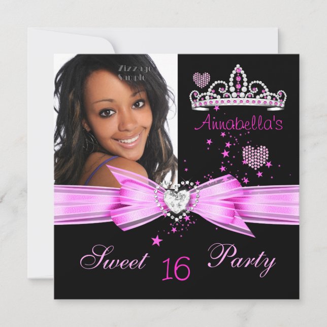 Pink Sweet 16 Birthday Diamond Tiara Photo 2 Invitation (Front)