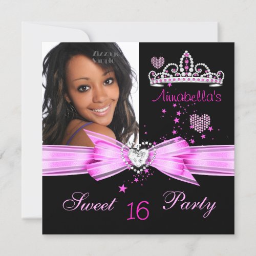 Pink Sweet 16 Birthday Diamond Tiara Photo 2 Invitation