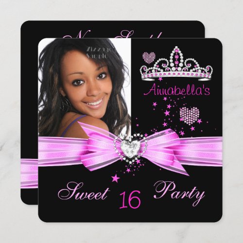 Pink Sweet 16 Birthday Diamond Tiara Photo 2 Invitation