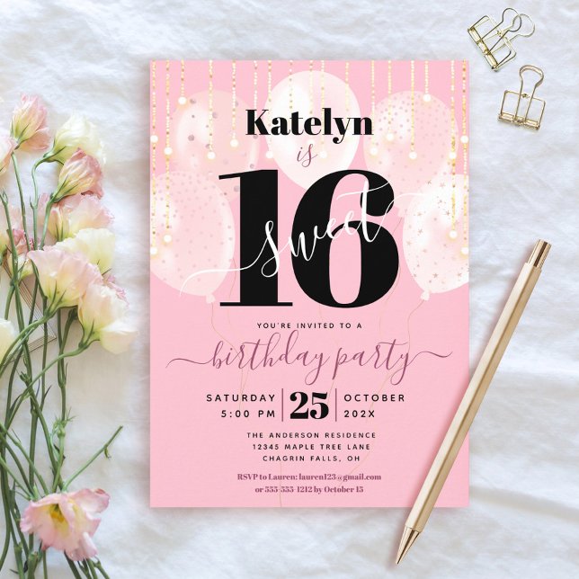 Pink Sweet 16 Birthday Girly Glam Balloons Script Invitation (Creator Uploaded)