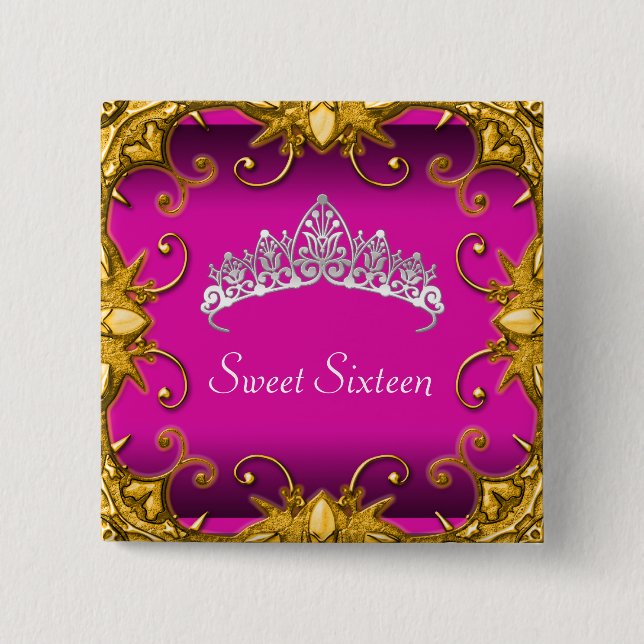 Pink Sweet 16 Birthday Party Gold White Tiara Pinback Button (Front)