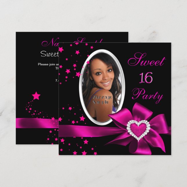 Pink Sweet 16 Birthday Party Heart Photo Silver Invitation (Front/Back)