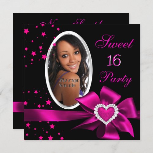 Pink Sweet 16 Birthday Party Heart Photo Silver Invitation