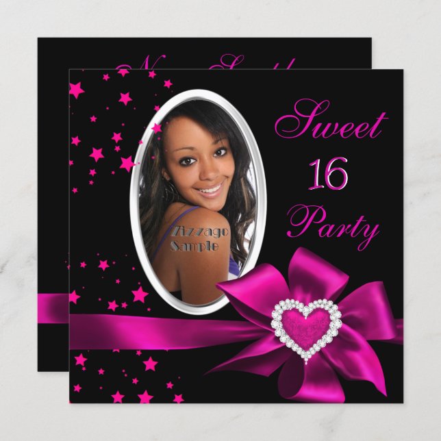 Pink Sweet 16 Birthday Party Heart Photo Silver Invitation (Front/Back)