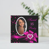 Pink Sweet 16 Birthday Party Heart Photo Silver Invitation (Standing Front)