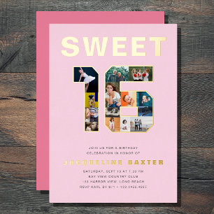 Pink Sweet 16 Birthday Photo Gold Foil Invitation