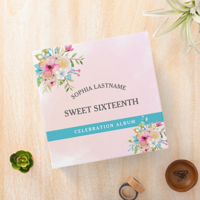 Pink Sweet 16 Floral Personalized Keepsake 3 Ring Binder (In Situ)