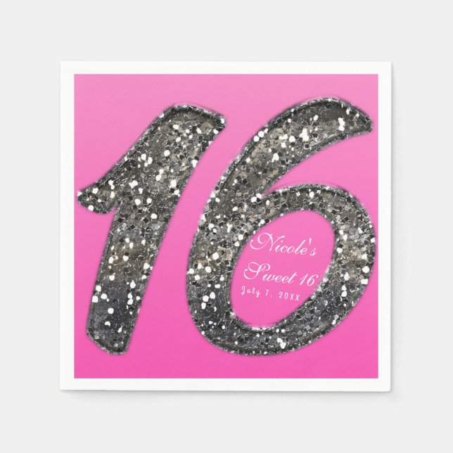 Pink Sweet 16 Glitter Glam Birthday Party Custom Paper Napkins (Front)