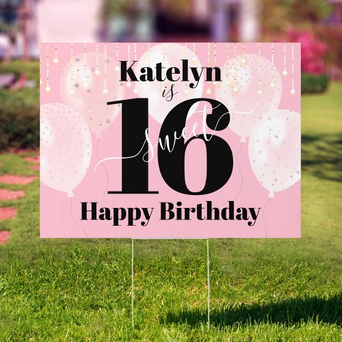 Pink Sweet 16 Happy Birthday Modern Balloon Yard Sign