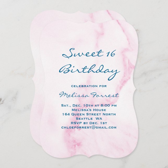 Pink Sweet 16 Marble Birthday Invitation (Front/Back)