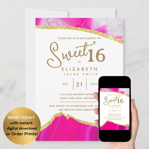 Pink SWEET 16 Modern Elegant Budget Birthday Invitation