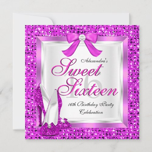 Pink Sweet 16 Party Sweet Sixteen Silver Glitter Invitation
