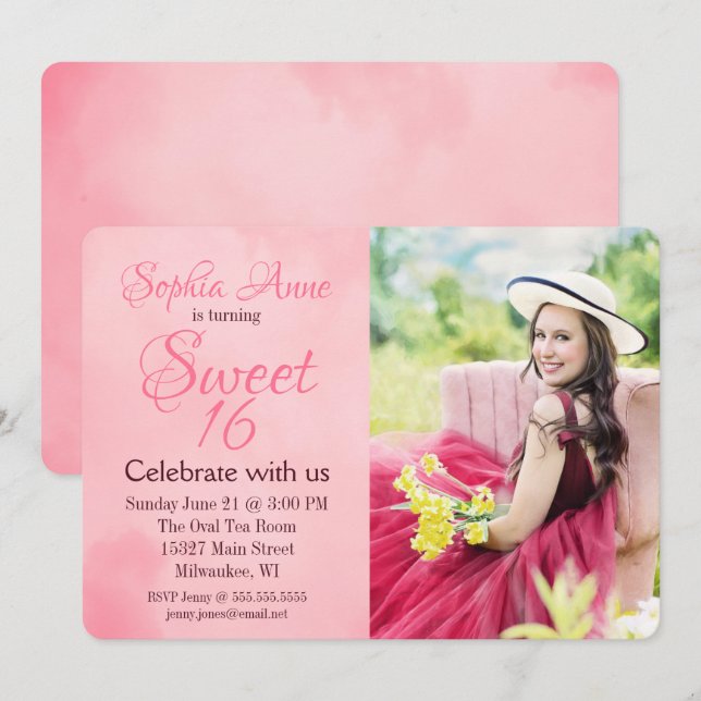 Pink Sweet 16 Photo Birthday Invitation (Front/Back)