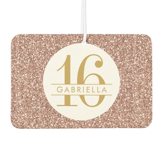Pink Sweet 16 Rose Gold Glitter Personalized Air Freshener (Front)