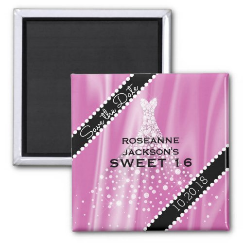 Pink Sweet 16 Save the Date Elegant Satin Diamonds Magnet