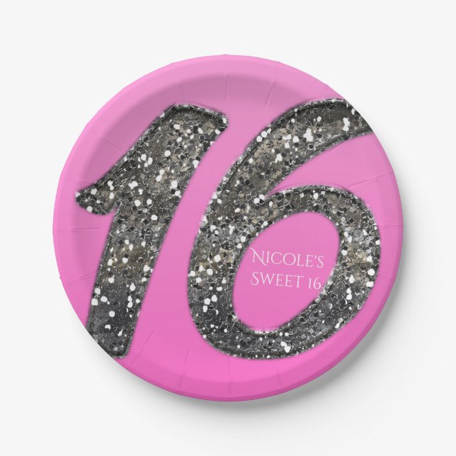 Pink Sweet 16 Silver Glitter Glam Birthday Party Paper Plates (Front)