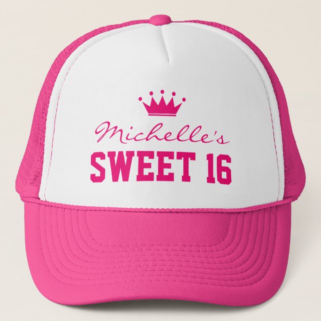 Pink sweet 16 Trucker Hat with princess crown (Front)