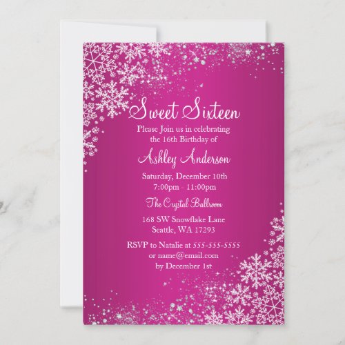 Pink Sweet 16 Winter Wonderland Sparkle Snowflakes Invitation