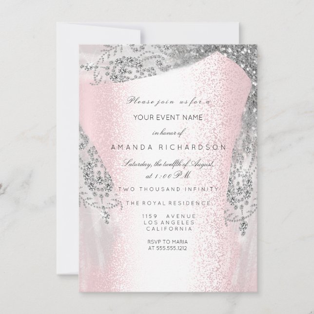 Pink Sweet 16th Bridal Silver Gray Diamond Dress Invitation (Front)