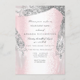 Pink Sweet 16th Bridal Silver Gray Diamond Dress Invitation