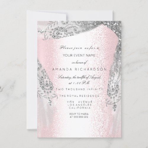 Pink Sweet 16th Bridal Silver Gray Diamond Dress Invitation