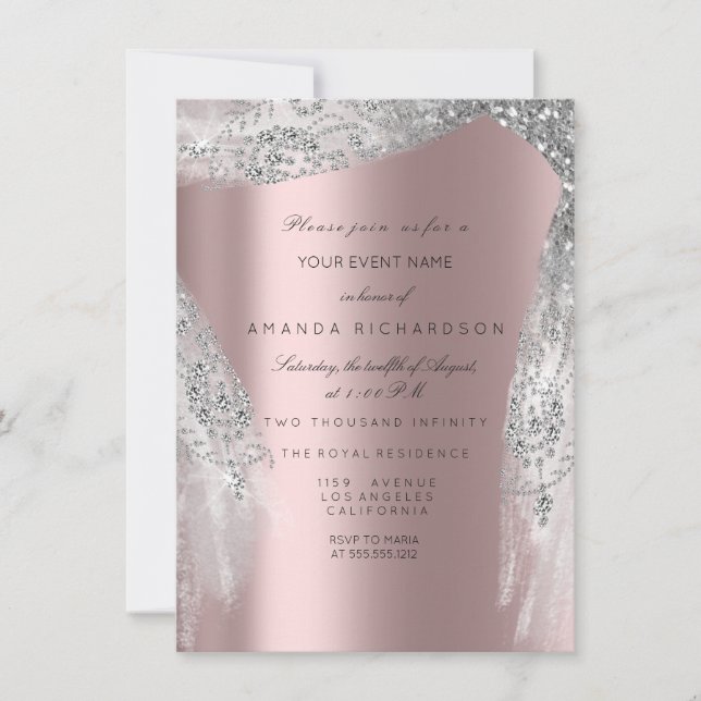Pink Sweet 16th Bridal Silver Gray Rose Dress Invitation (Front)