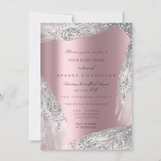 Pink Sweet 16th Bridal Silver Gray Rose Mauve Invitation (Front)