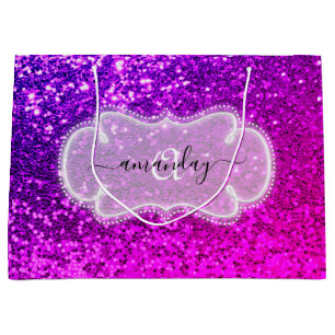 Pink Sweet 16th Royal Monogram Name Glitter Weddin Large Gift Bag