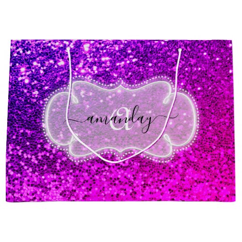 Pink Sweet 16th Royal Monogram Name Glitter Weddin Large Gift Bag