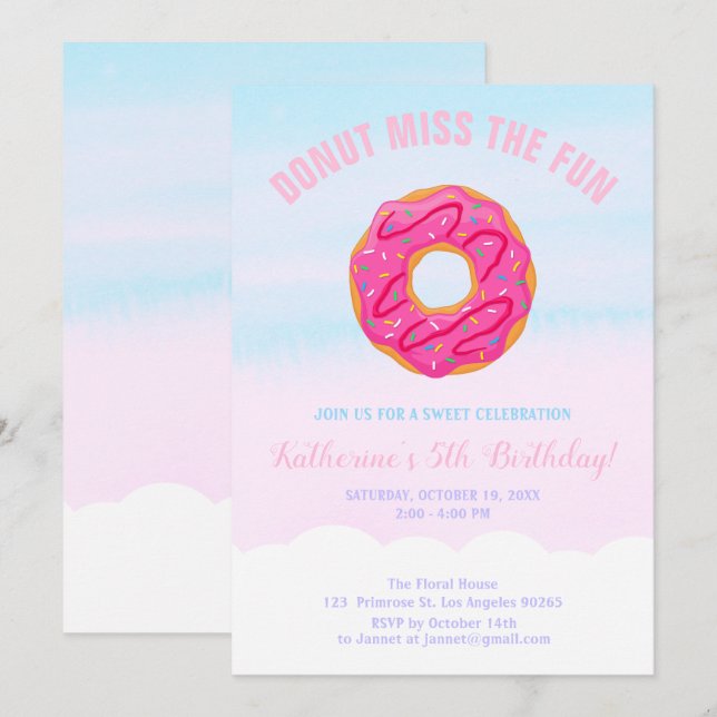 Pink Sweet Baby Girl Donut Miss The Fun Birthday Invitation (Front/Back)