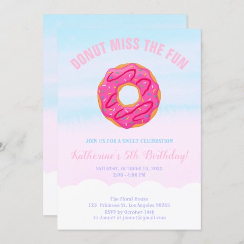 Pink Sweet Baby Girl Donut Miss The Fun Birthday Invitation