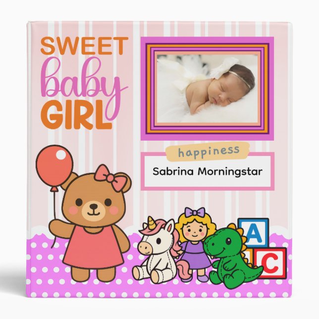 Pink Sweet baby girl. toys and teddy bear 3 Ring Binder (Front)