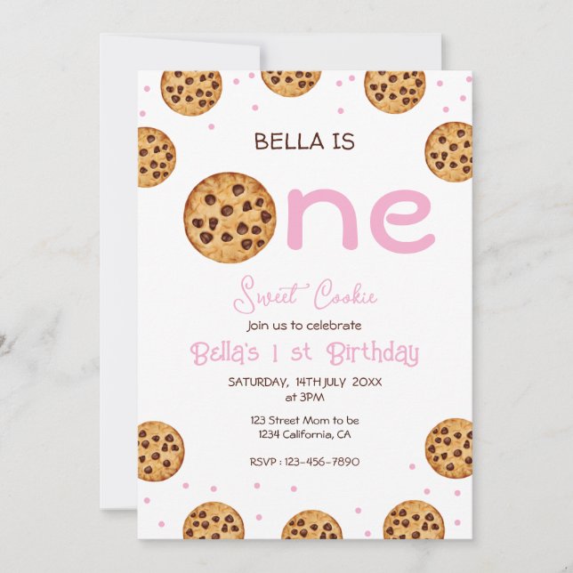 Pink  Sweet Cookie 1st Birthday party Invitation (Front)