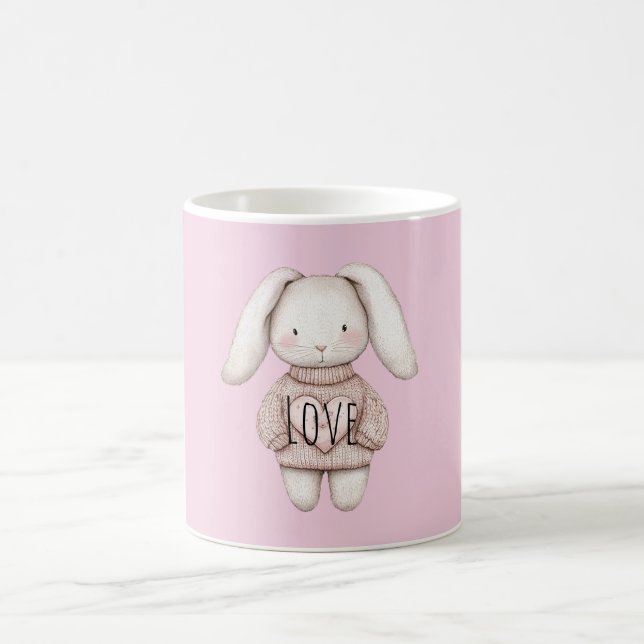 Pink Sweet Cute Bunny Pink Sweater Heart Coffee Mug (Center)