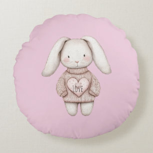 Pink Sweet Cute Bunny Pink Sweater Heart Round Pillow