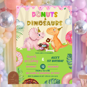 Pink Sweet Donut & Dinos Joint Sibling Birthday Invitation