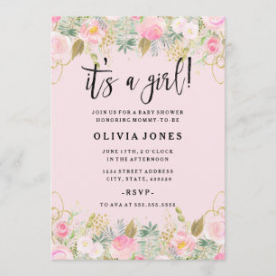 Pink Sweet Floral Its a Girl Baby Shower Invite