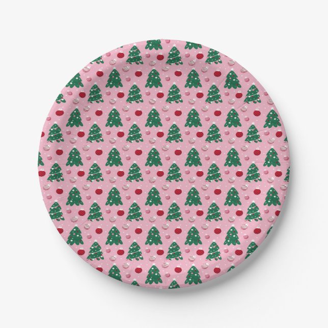 Pink Sweet Greenery Christmas Tree Holiday  Paper Plates (Front)