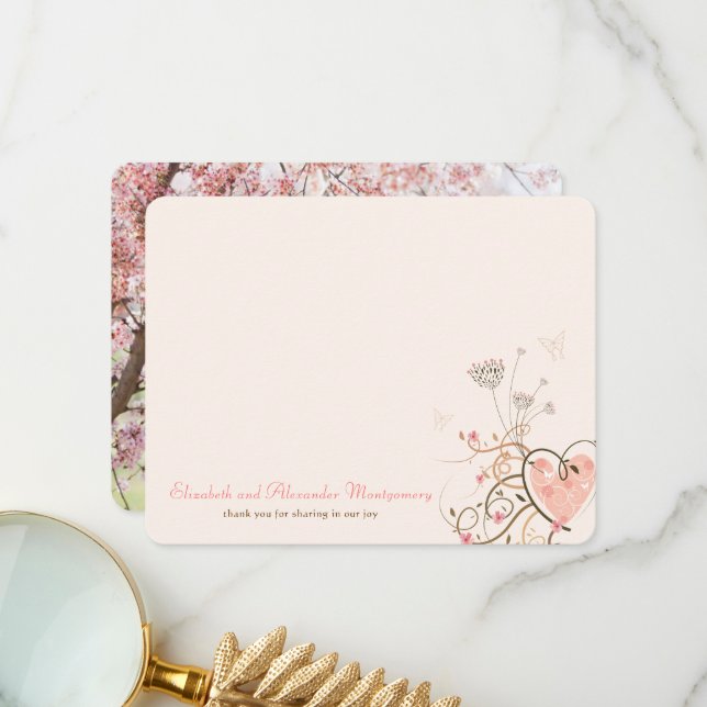 Pink Sweet Heart & Butterflies Floral Chic Wedding Thank You Card (Front/Back In Situ)
