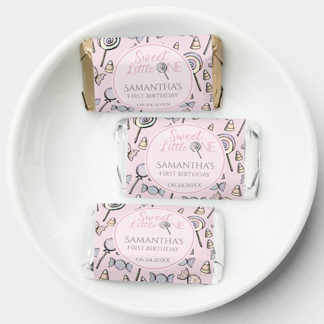 Pink Sweet Little One 1st Birthday Candy Pattern Hershey's Miniatures (Cute Pink Sweet Little One Chocolate Favors for Girl First Birthday. Hand-Drawn Candy & Lollipops. )