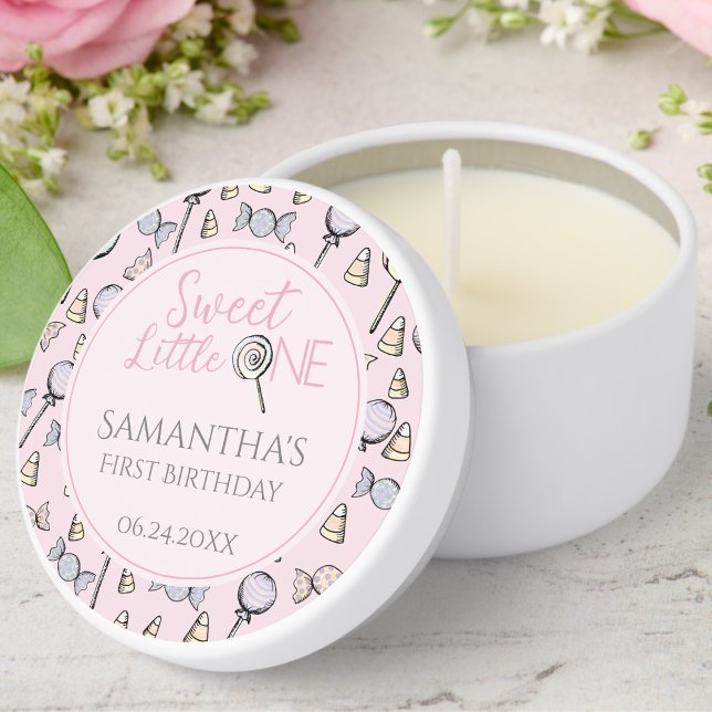 Pink Sweet Little One 1st Birthday Candy Pattern Mini Candle Favors (Cute Pink Sweet Little One First  1st Birthday Girl Candle for Kids Birthday Party. Candy & Lollipop)