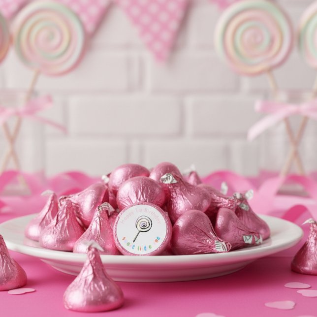 Pink Sweet Little One 1st Birthday Kids Party Hershey®'s Kisses® (Cute Pink First Birthday Sweet Little One Chocolate Candy Favors for Baby Girl. Colorful Lollipop)