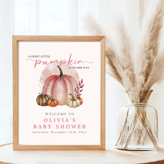 Pink Sweet Little Pumpkin Girl Baby Shower Welcome Poster